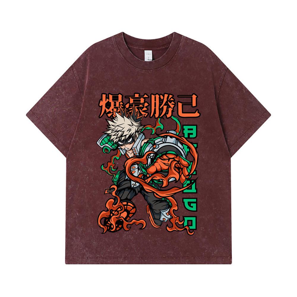 275 GSM Washed T-shirts 100% Cotton My Hero Academia V14 Bakugo Print Unisex Heavy Cotton T Shirt