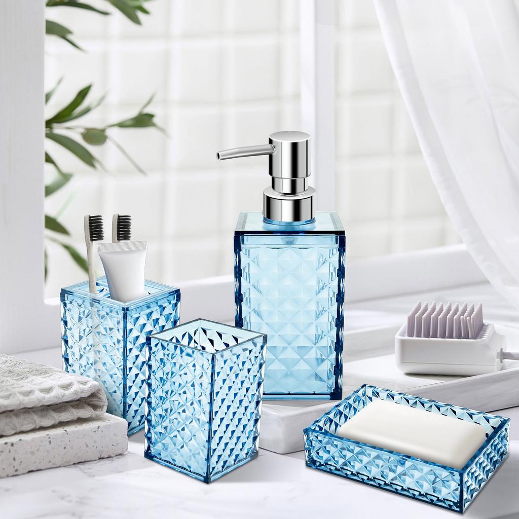 4Pcs Bathroom Accessories Sets Lotion Dispenser Pump Bottle Toothbrush Holder Mouthwash Cup Soap Dish Clear Diamond Pattern