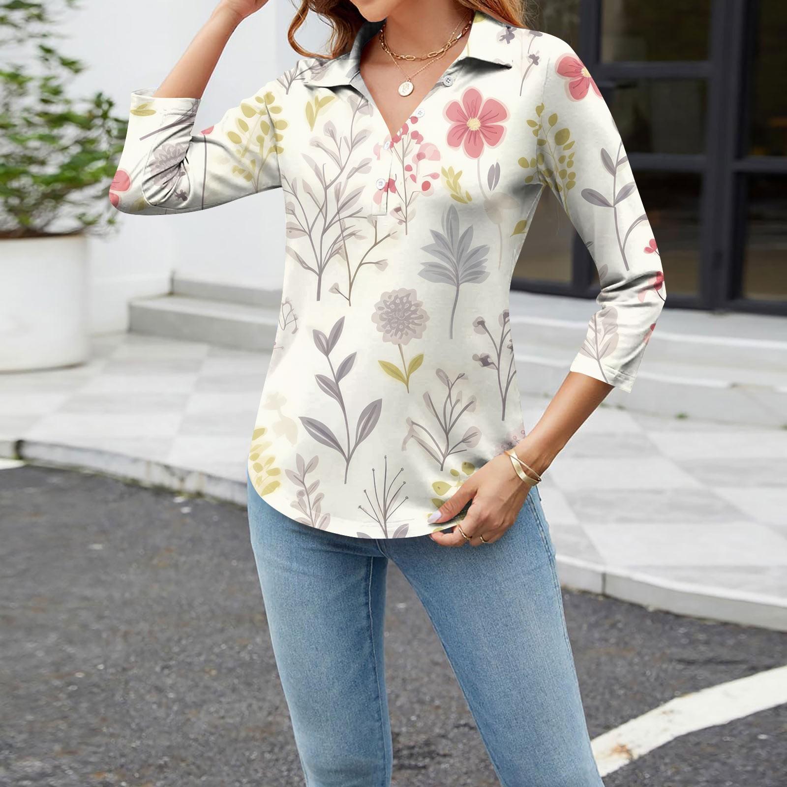 Женская модная повседневная рубашка с лацканами и цветочным принтом на пуговицах — фото 10