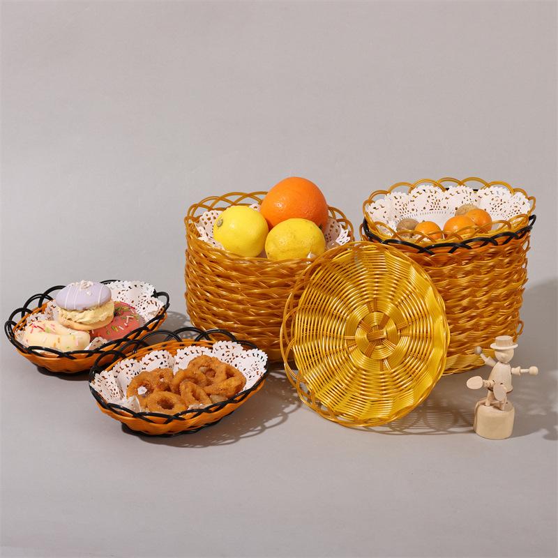 Imitation Rattan Fruit Basket Indian Flying Cake Snack Basket Fruit Tray Food Storage Round Woven Bread Basket for Home Kitchen
