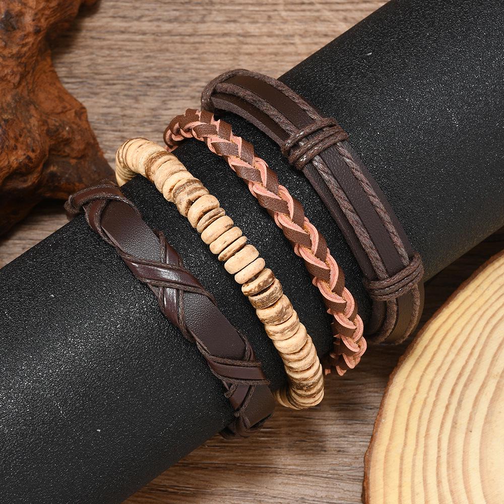 Ensemble de Bracelets pour Homme Tressés en Cuir de Coquille de Noix de Coco Rétro Européen et Américain