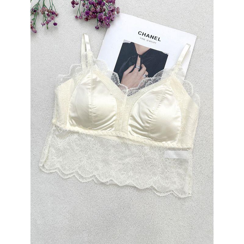 

European and American Sexy Sling Beautiful Back Black Vest 2024 Summer Non-Removable Chest Pad Transparent Lace Inner Wear Base Champagne White 2839 short All yards