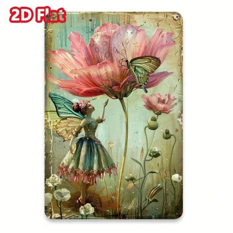 Vintage Fairy Butterfly Flower Metal Wall Art Sign