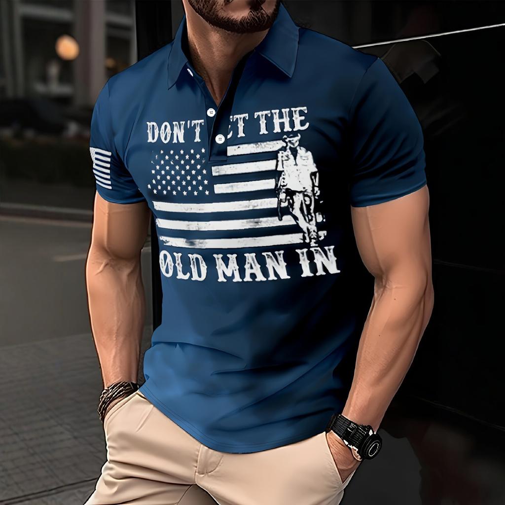 Flag Letter Print Collar Polo Shirt for Men, Slim Fit, Everyday Versatile