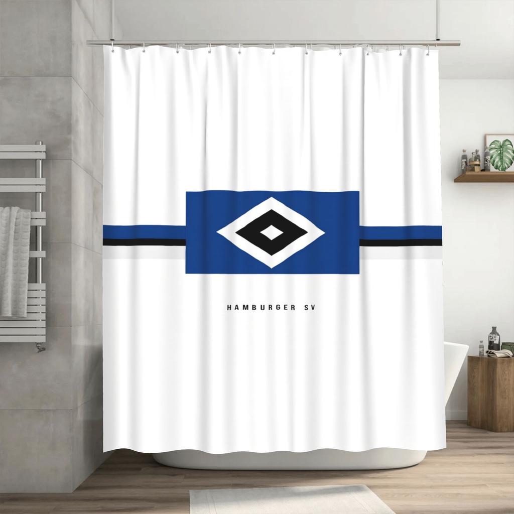 White & Blue Hamburger Sv Shower Curtain – Geometric Design, Polyester Fabric With Grommets, Machine Washable Bathroom Decor