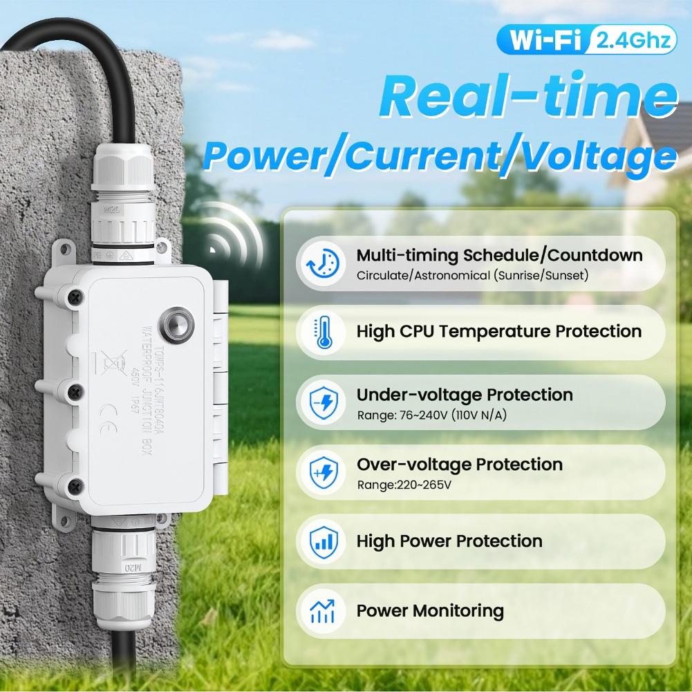 IP67 Waterproof For Smart Outdoor Switch Box 1 to 16 Amp WiFi Remote Control for Heavy Duty Applications Garden Lighting