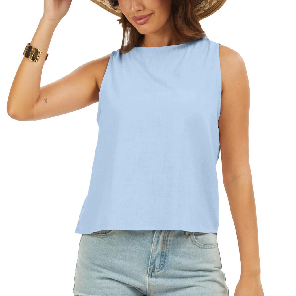 Women Sleeveless Linen Cotton Blend Crew Neck Tank Top Casual Loose Fit Blouse Lightweight Basic Shirt for Summer Daily Wear