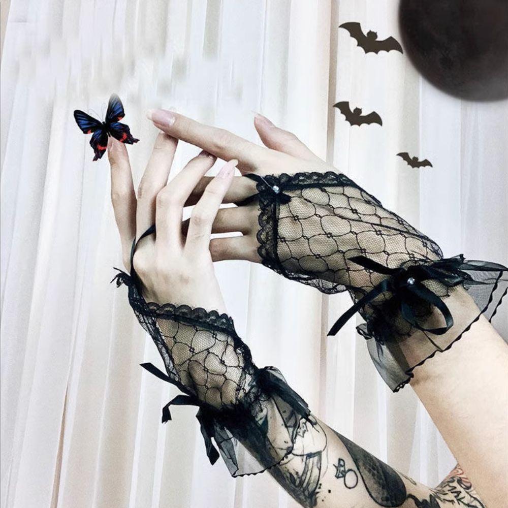 Flower Hollow Fingerless Gloves Women Mesh Dance Wedding Mitten Hand Decoration Bow Gothic Glove Net Yarn Mittens