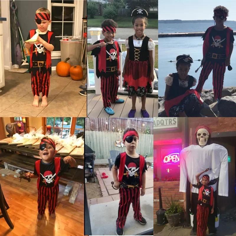 Costume da Pirata per Travestimento 3-12 Anni con Set di 7 Giocattoli Top con Stampa Teschio Outfit per Cosplay di Halloween, Carnevale, Spettacolo Ragazzi e Ragazze Festa