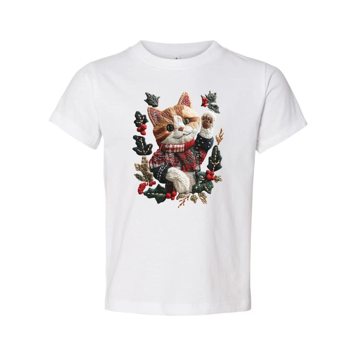 

Unisex Christmas T Shirt With Cat In Red Scarf Surrounded By Holly Design 2XL