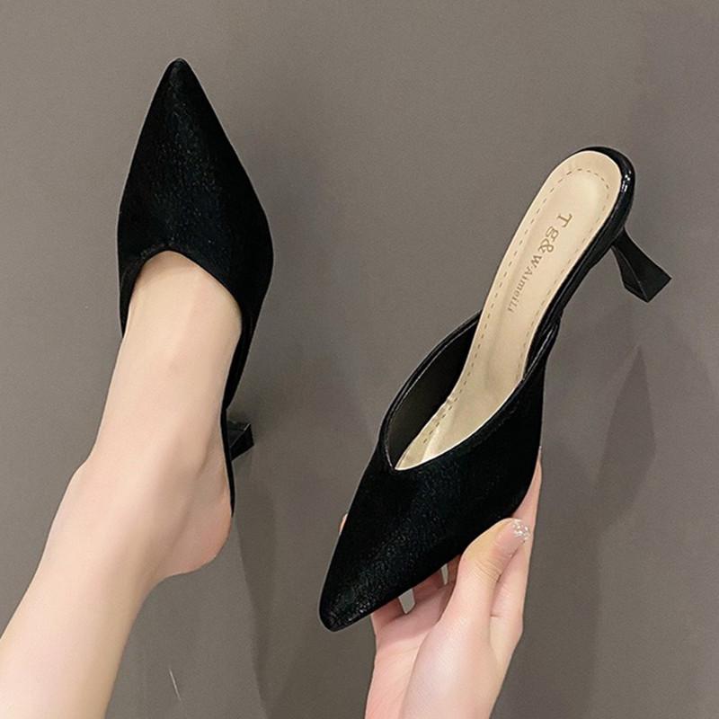 Baotou half slippers women s summer new fashion sandals thin heel pointed sexy high heel cool slippers 34