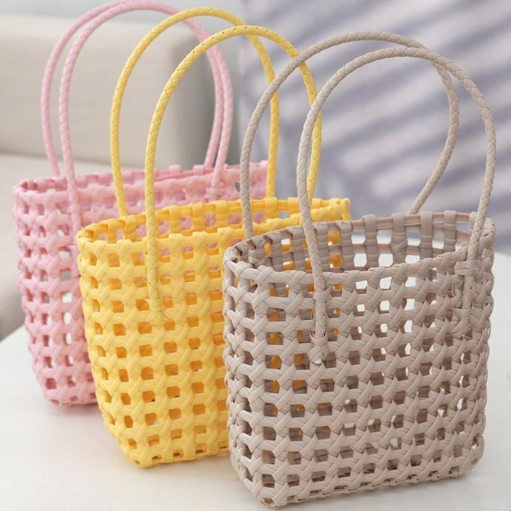 Women Plastic Material Hollow Weave Bag Woven Design Soft Handle Basket Bag Candy Color Large Capacity Beach Tote Bag Vacati