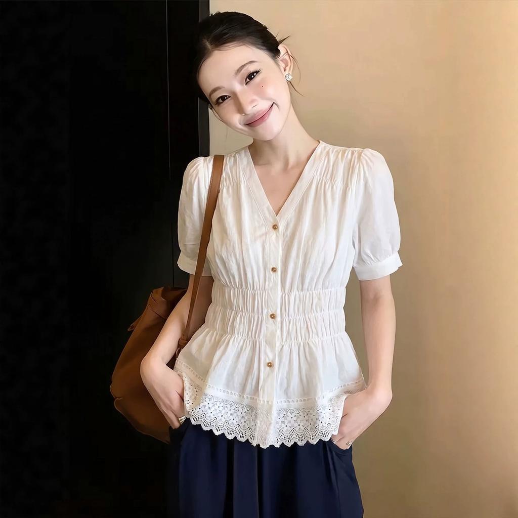 French fashion white v-neck short-sleeved chiffon shirt women's summer new fashion temperament waist shirt