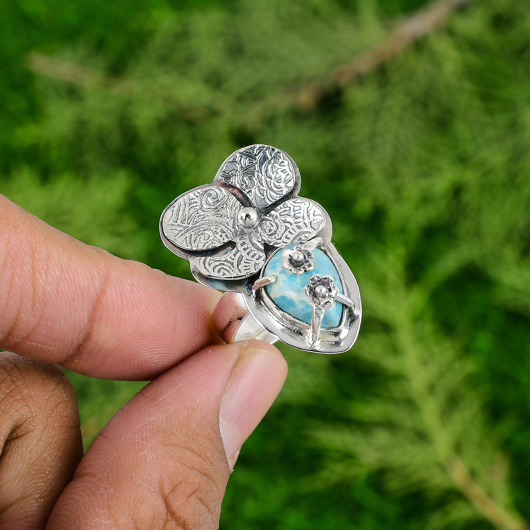 

Mothers day Deal 925 Sterling Silver Larimar Stone Promise Flower Ring Jewelry Adjustable