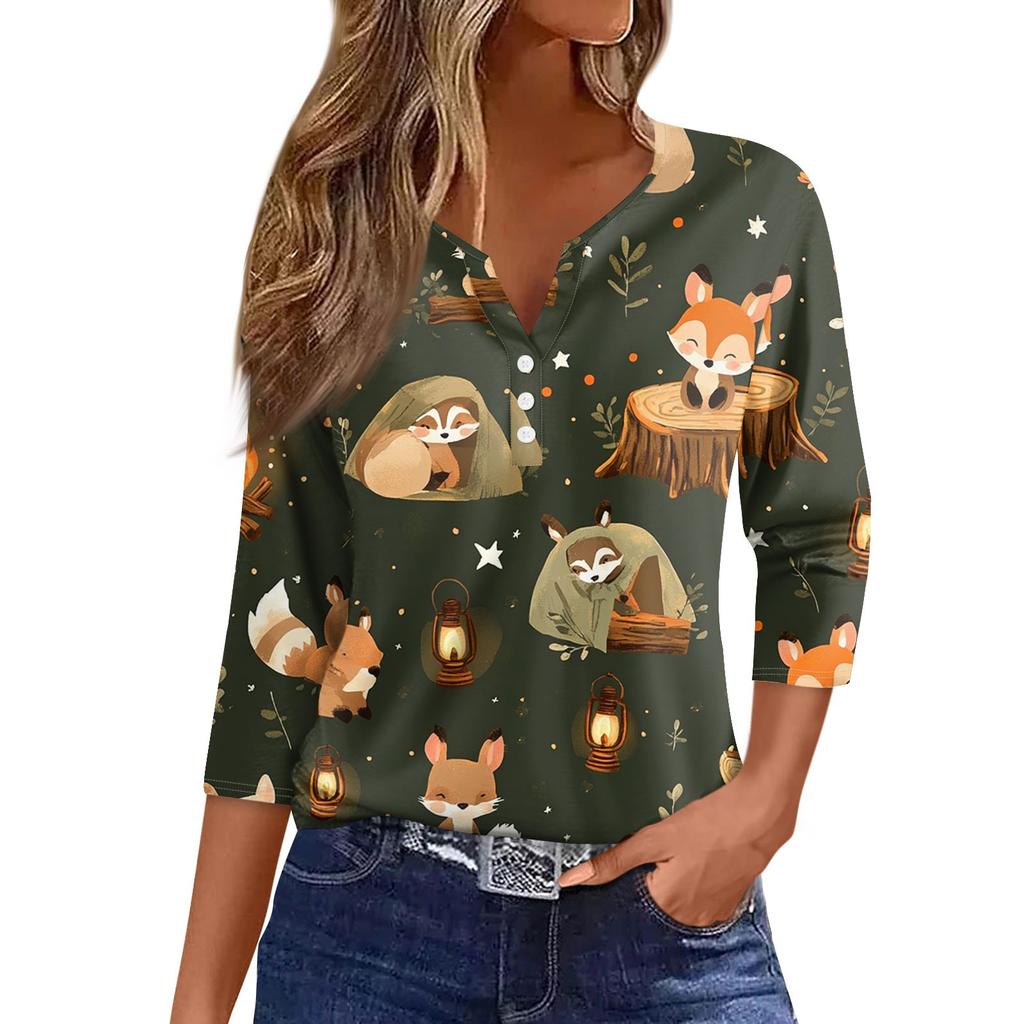 Women's Fashion Button V-Neck Seven Sleeve Cute Animal Print Casual Top