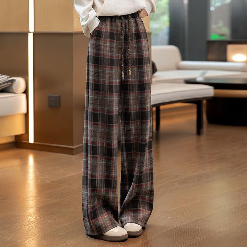

Women s Wide-Leg Plaid Drawstring Casual Pants XL
