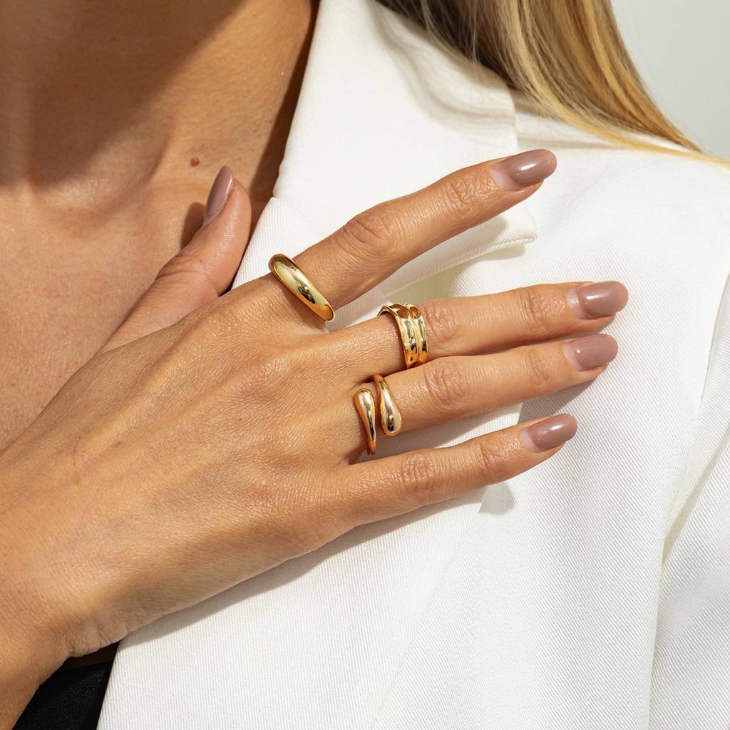 Hip-Hop Style Metal Pleated Open Ring Set, Simple Glossy Water Drop Hug Ring Woman