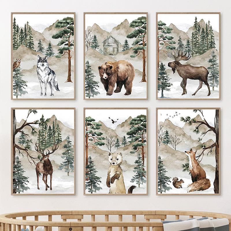 Bear Deer Fox Wolf Forest Jungle Animal Nursery Wall Art Canvas Painting Nordic Posters and Prints Pictures Kids Room Home Decor