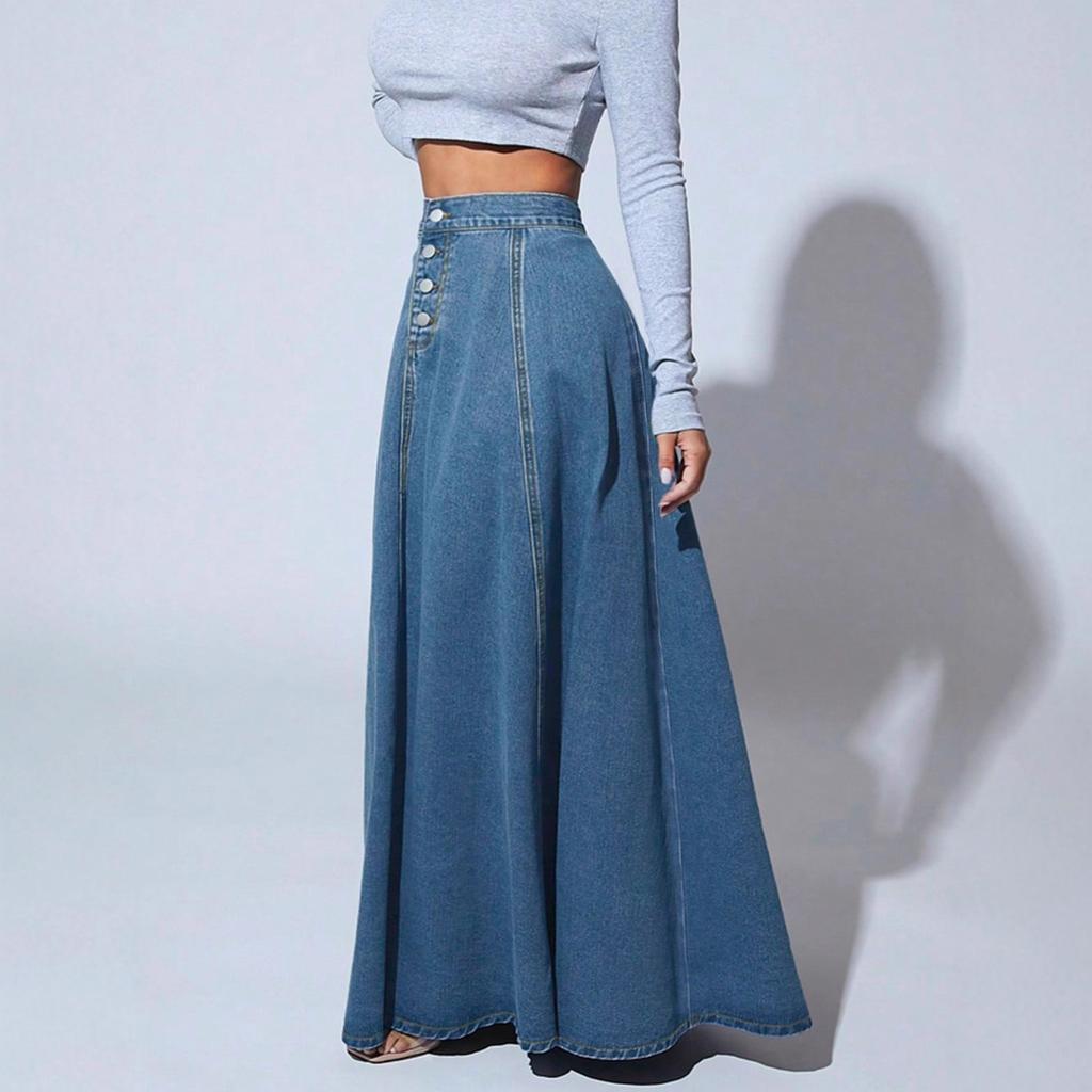 Women's Retro High Waisted Button Fly Flared Long Jean Skirts Pleated Flowy Swing A-line Denim Maxi Skirts Casual Vintage Denim Midi Skirts for Women