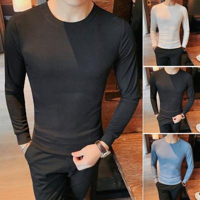 Spring Autumn Men Fitness Top Slim Fit Round Neck Stretchy Long Sleeves Solid Color Pullover Fitness Sport Top Winter Bottoming Clothes