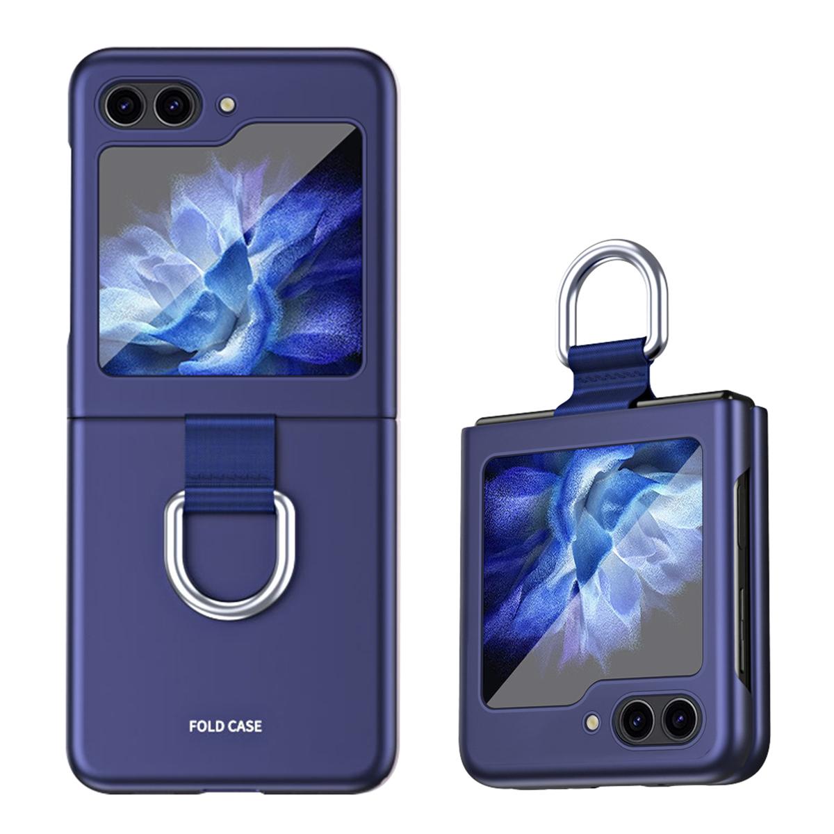 

For Samsung Galaxy Z Flip5 5G Hard PC Phone Case Ribbon Metal Ring Holder Anti-Scratch Phone Cover Sapphire