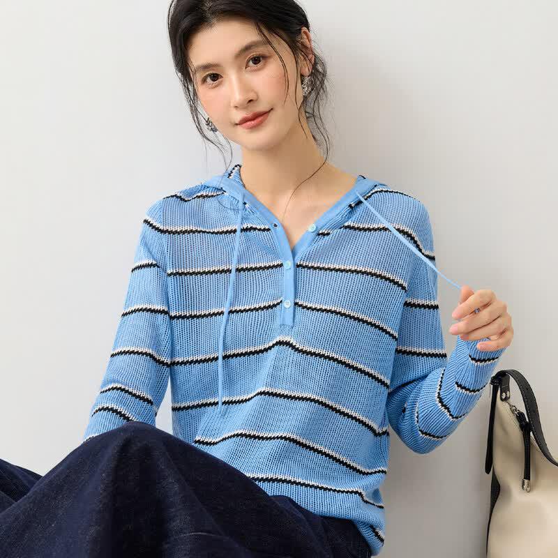Women s Striped Drawstring Hooded Knit Sweater with Silk M