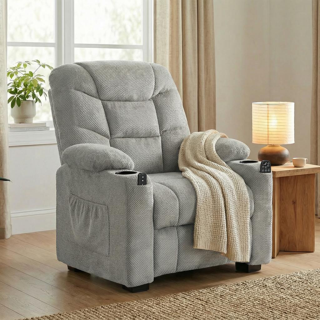 Electric Massage Recliner Armchair with Vibration, Heat, Whisper-Quiet Motor, Memory Function, Fleece Power Reclining Chair with Spring Pack