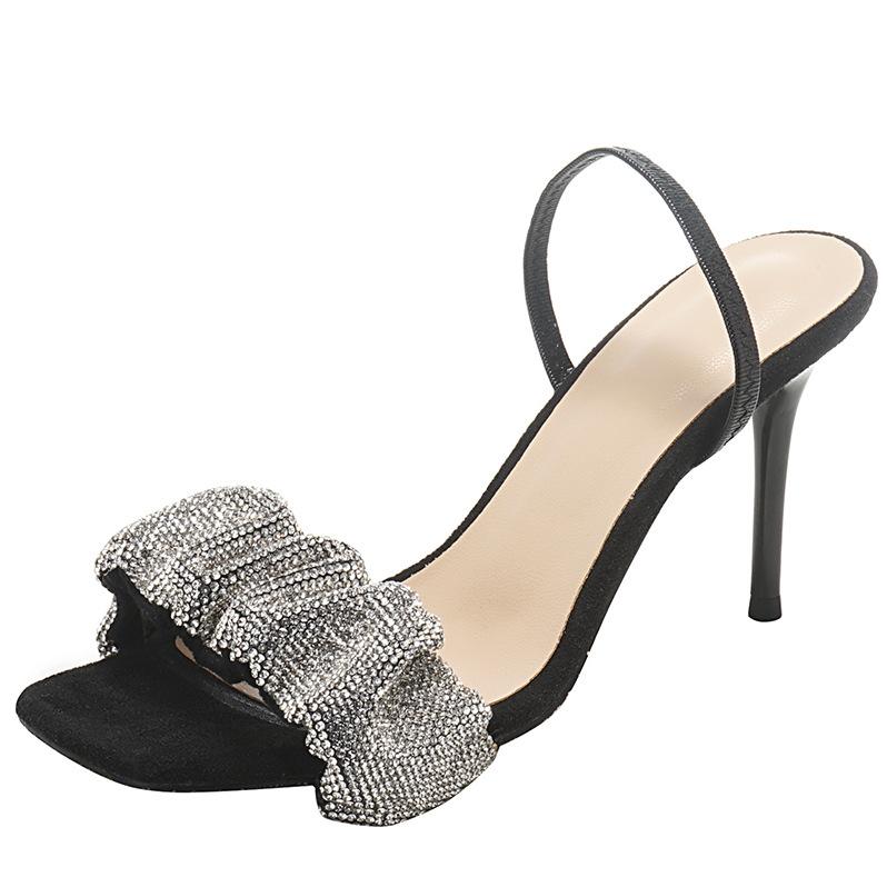 Black high heels women's 2025 new summer French girl open-toed square head rhinestone thin heel with sandals