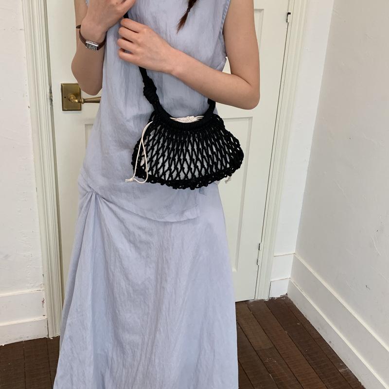 Yogodlns Summer Woven Net Shoulder Bag for Women Beach Hollow Out Crossbody Bag Retro Bohemian Vacation Daily Use Purse