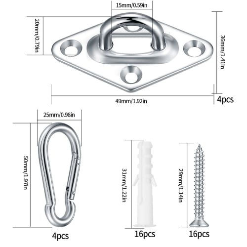 Set of 4 Stainless Steel Pad Eyes for Wall and Ceiling Mounting, for Wooden Doors, Cabinets, and Lighting, with Screws and Rubber Stoppers