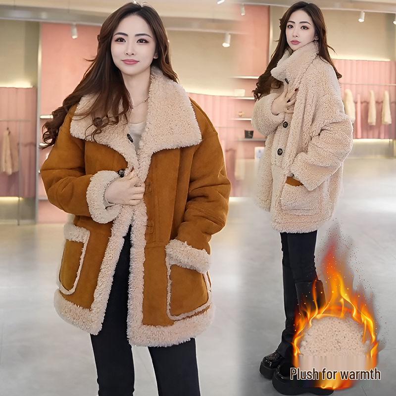 Autumn/Winter 2025 Women's Mid-Length Fleece-Lined Lambswool Reversible Fur Coat