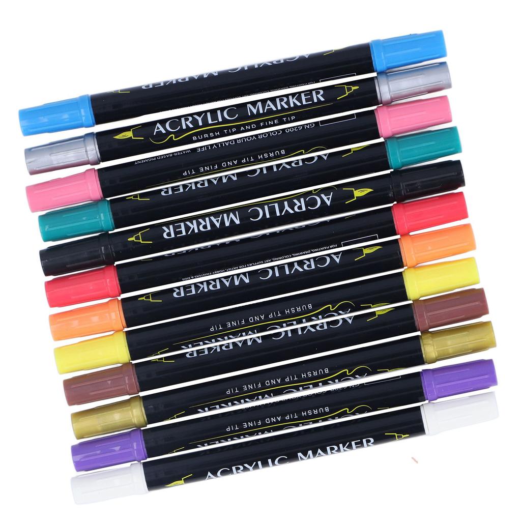 12Pcs Acrylic Paint Pens Double Ended Rapid Drying Strong Covering Waterproof 12 Color Paint Markers