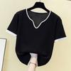 Thin Ice Silk Sweater for Women Short-sleeved Summer New High-end Khaki Chicken Heart V-neck Loose Top