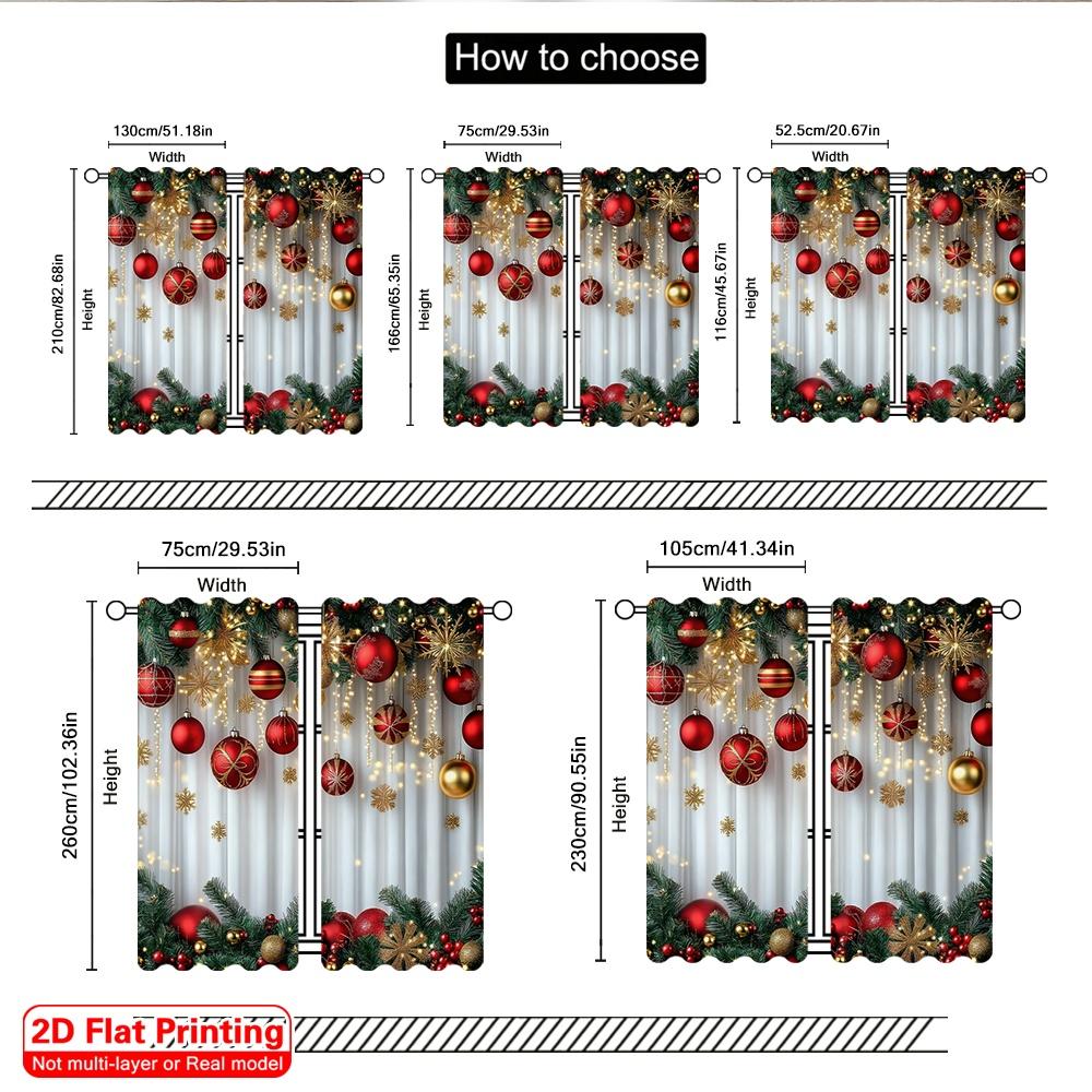 2D flat printing 2pcs Merry Christmas Scene Curtains Red and Gold Ball Pine Branch Snowflake Machine Washable Polyester Without