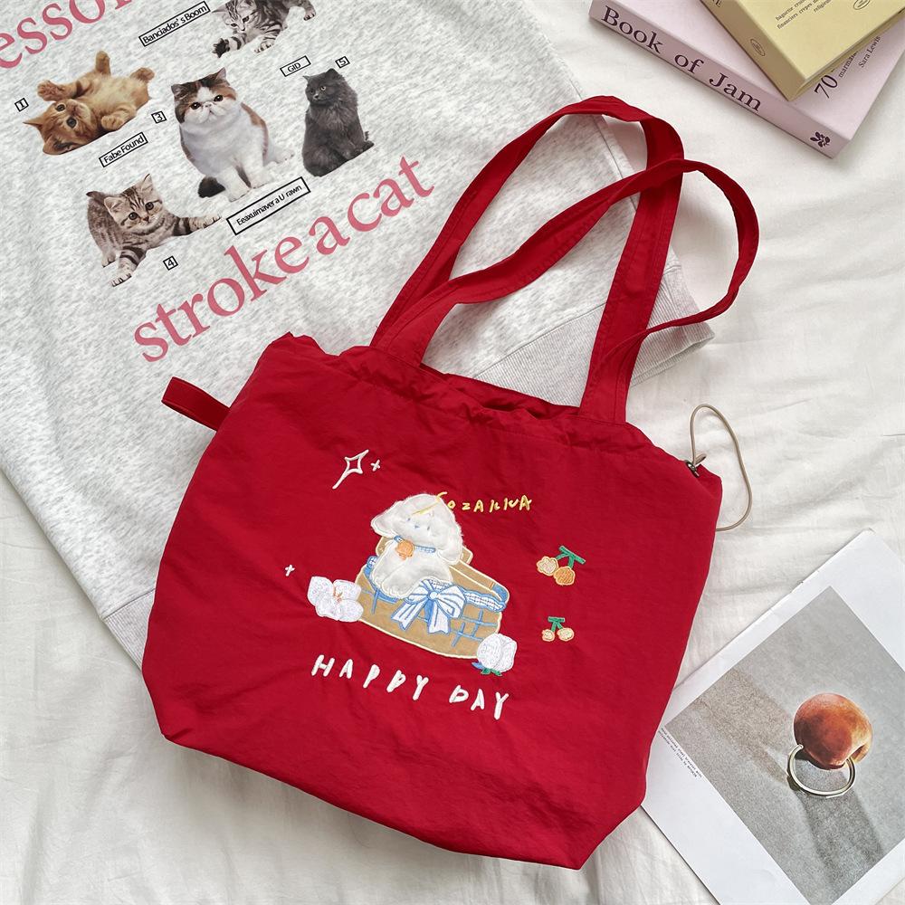 5 cute cartoon embroidered canvas bag large capacity women's simple versatile drawstring bundle single shoulder handbag