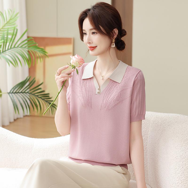 

Stylish Ice Silk Knit Short Sleeve T-Shirt for Women 120 (57-64kg) рожевий