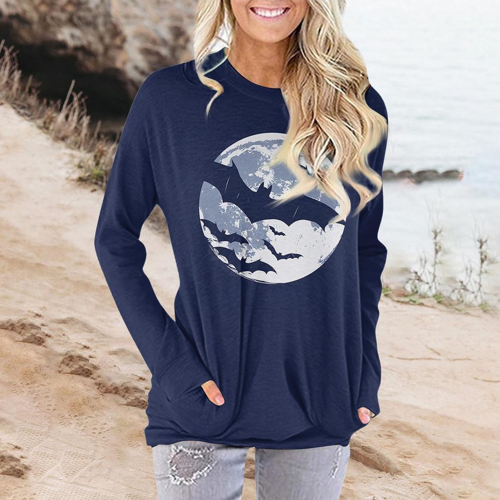 Damenmode Lässig Rundhals Print Langarm Tasche T-Shirt Top