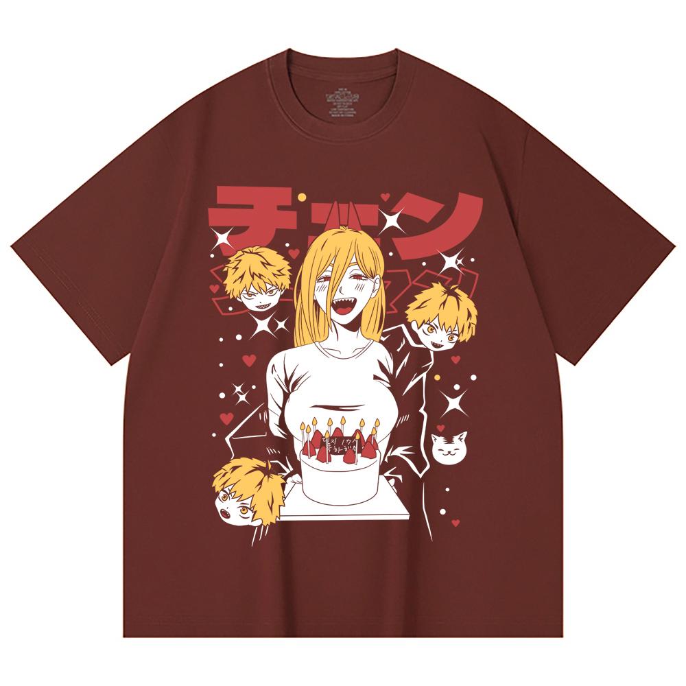 230 Gsm 100% Cotton Chainsaw Man V48 Power Cake Print Unisex Heavy Cotton T Shirt