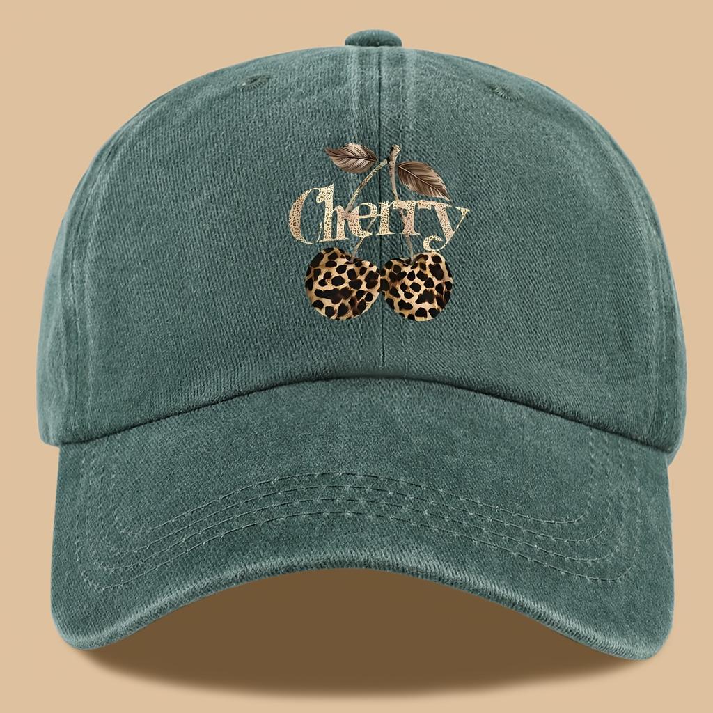 Leopard Print Baseball Cap Cherry Letters Unisex Daily Sun Hat Holiday or Birthday Gift for Cherry Enthusiasts