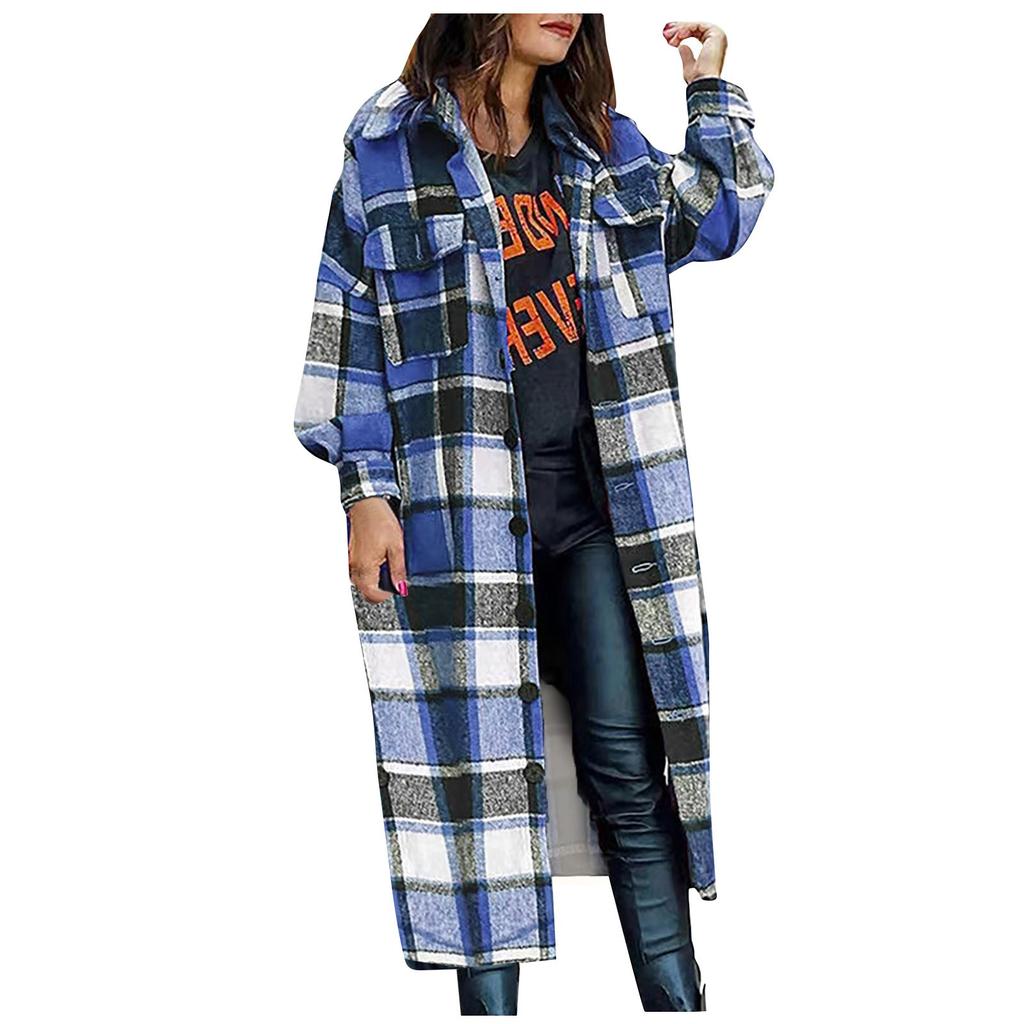 Ladies Casual Loose Long Sleeve Loose Single-breasted Button Plaid Long Coat