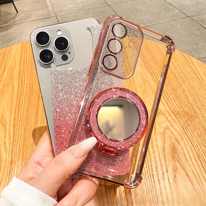 Suitable for Samsung S25 Ultra Electroplated Four Corner Airbag Mobile Phone Case S24 Makeup Mirror A17 Bracket A26 Anti Fall Cover 5