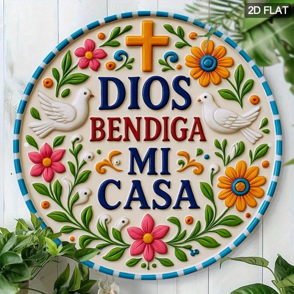1pc Spanish Religious Wall Art Floral Bird Cross Round Aluminum God Bless My Home Decor for Farmhouse Porch Bedroom Bathroom