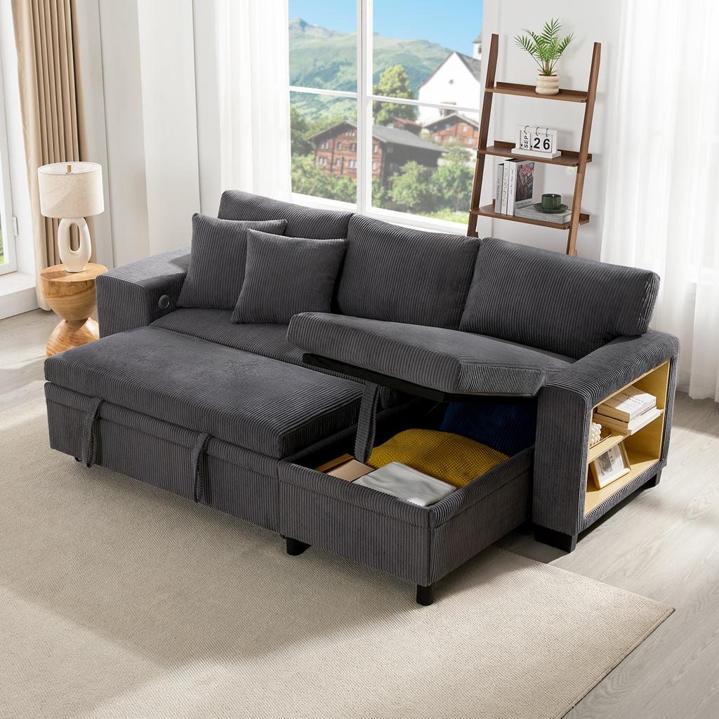 Folding Sofa with Sleep Function, L-Shaped Convertible Corner Sofa with USB Charging Port and Cushions, 3-Seater with Side Shelves and Storage Space