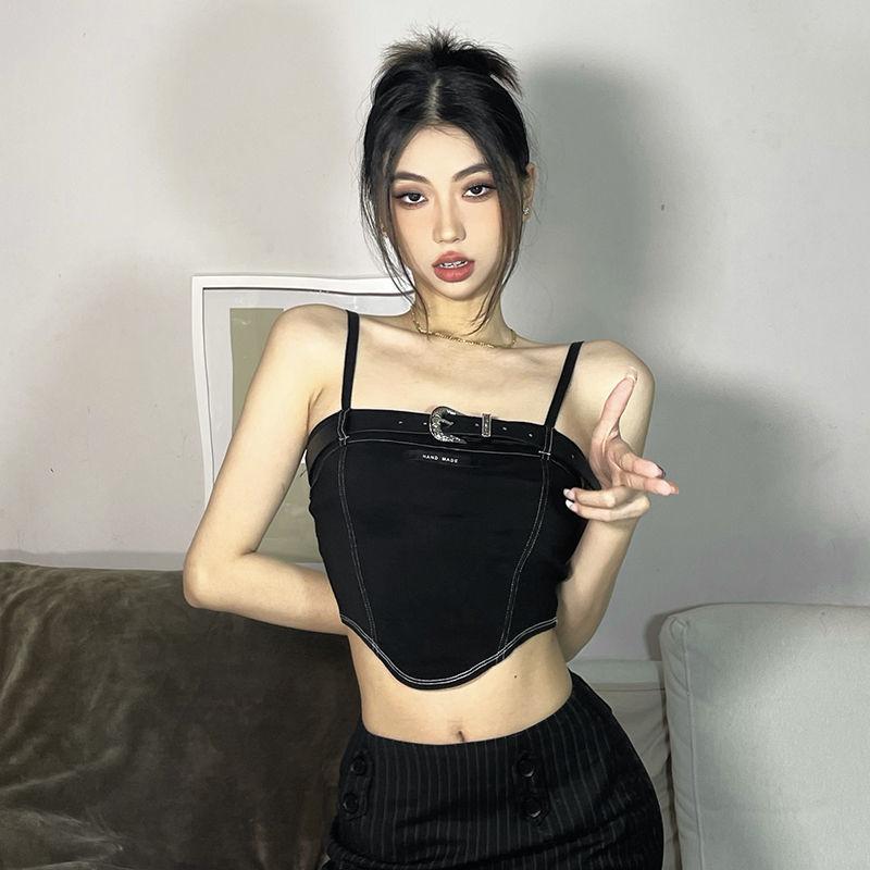 Girls Y2K Tank Tops Black Design Vest Backless Sling Tees For Women's T-shirts Sleeveless Active Club Bar Party Inner Tops Fashion Sexy Lady Tops
