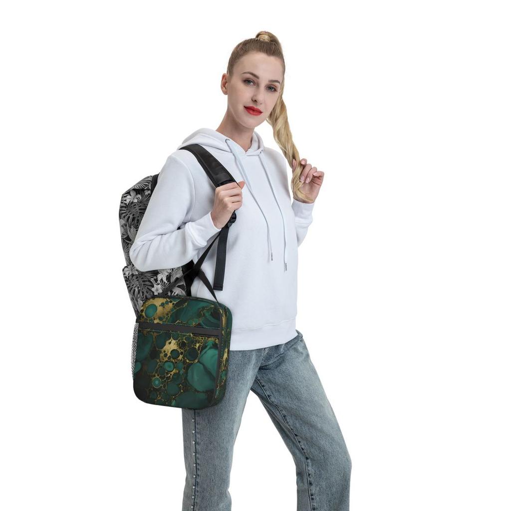 Dark Green Marble Pattern Insulated Lunch Bag for Kids School Cooler Thermal Food Box Tote Leakproof Lunch Boxes Container