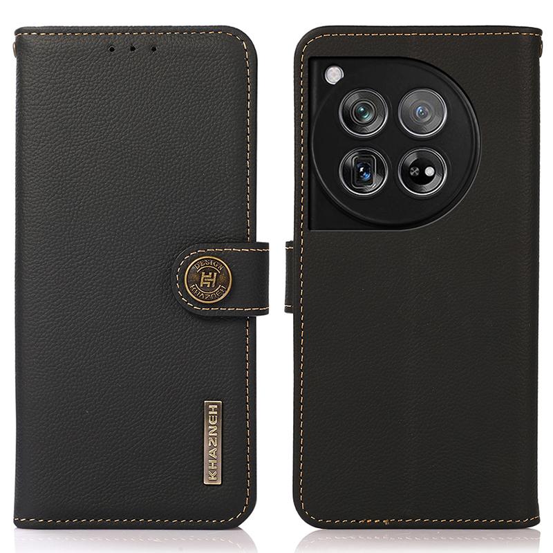 

KHAZNEH For OnePlus 12 5G Cell Phone Case Genuine Cow Leather+TPU RFID Blocking Stand Cover Black