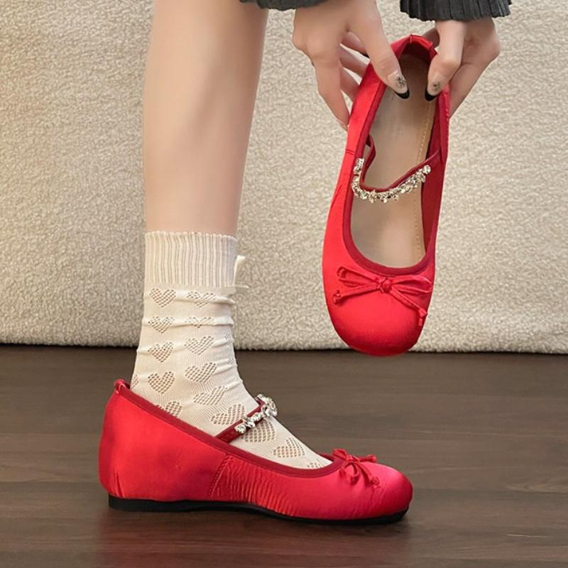2026 New Spring Internal Elevation Women Mary Jane Shoes Fashion Crystal Shoes Ladies Elegant Butterfly-knot Dress Ballet Shoes