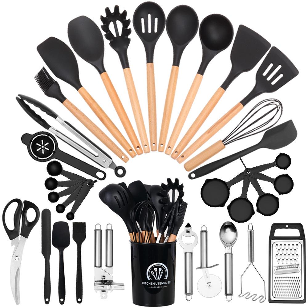 34pcs Premium Silicone Kitchen Utensil Set With Wooden Handles and Knife Heat-Resistant Non-Stick Friendly Cooking