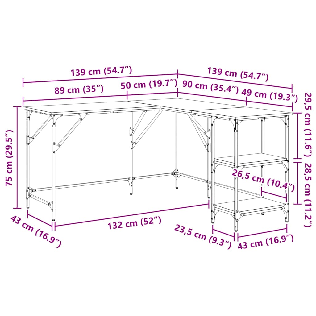 L shaped industrial desk reclaimed wood look 139 x 139 x 75 cm engineered wood