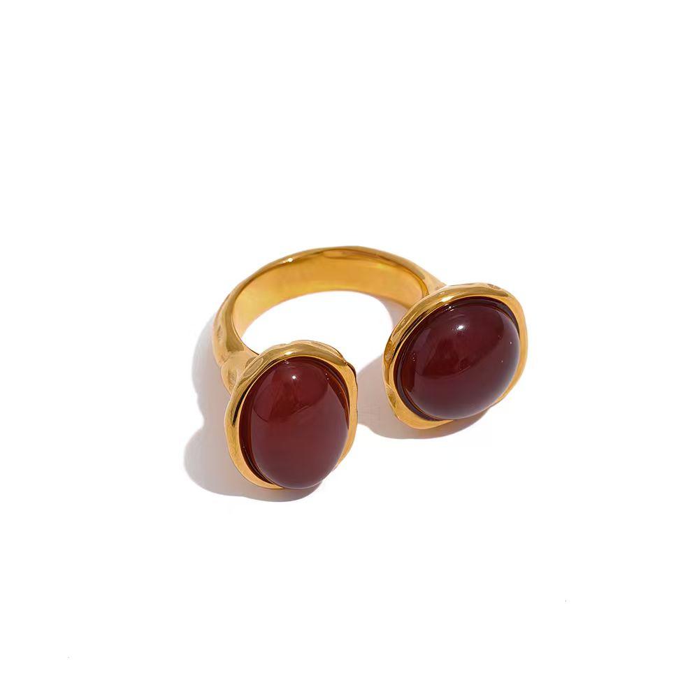 

Yhpup Size 7 Vintage France Natural Stone Stainless Steel Cast Geometric Big Ring Women Fashion Charm Golden Personality Jewelry 7